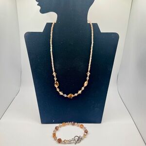 Elegant Gold and Brown Beaded Necklace and Bracelet Set